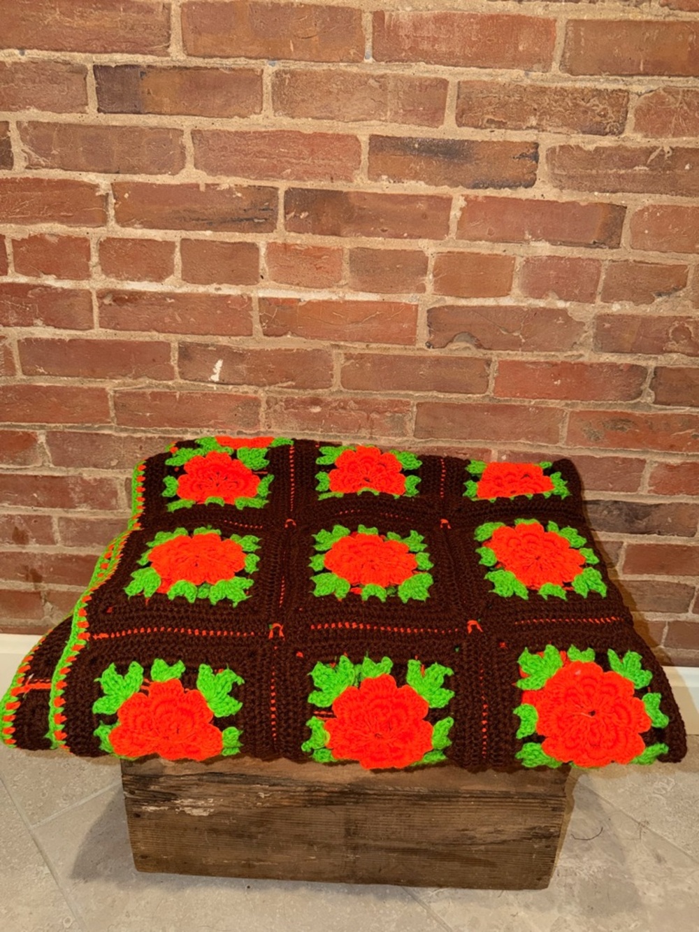 Vintage Handmade Crochet Granny Square Blanket with Orange Flowers